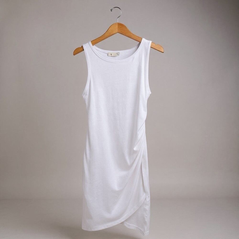 White Sleeveless Ruched summer vacation mini Short Sheath Dress S Bodycon Casual